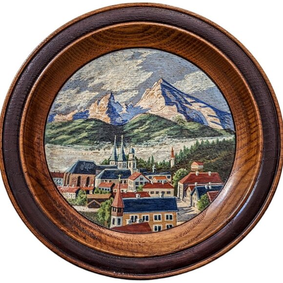 Vintage 8" Wooden Plate Hand Painted Bavarian Alps Konopitzky Berohtesgaden - Picture 2 of 6